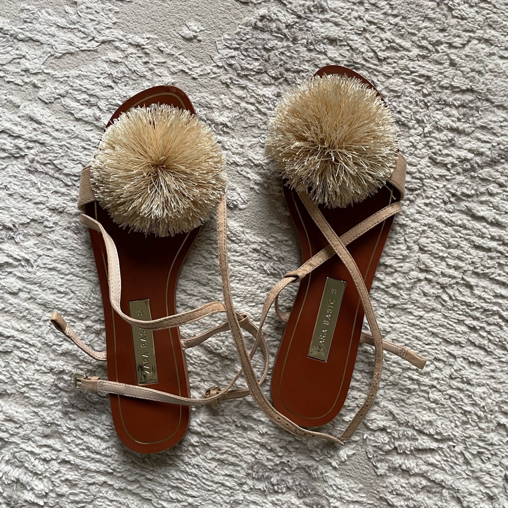 Zara Neutral Pom-Pom Wrap Sandals in Beige and Tan
